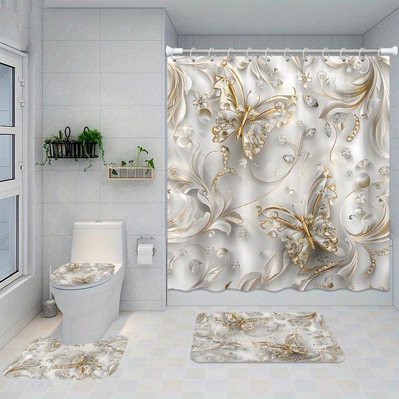 Bamboo Bath Mat - 4 Buah Set Tirai Mandi Kupu-kupu